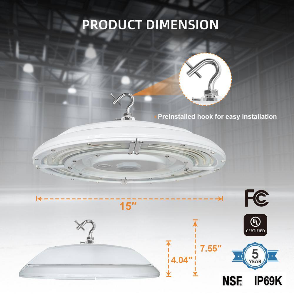 RUN BISON 15 in. White 30000 Lumens Integrated LED Dimmable UFO High Bay Light Fixture NSF Certified 50000K Daylight