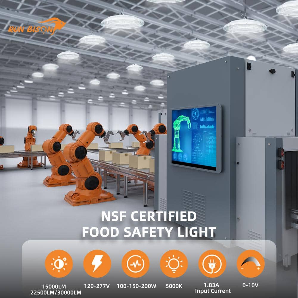 RUN BISON 15 in. White 30000 Lumens Integrated LED Dimmable UFO High Bay Light Fixture NSF Certified 50000K Daylight