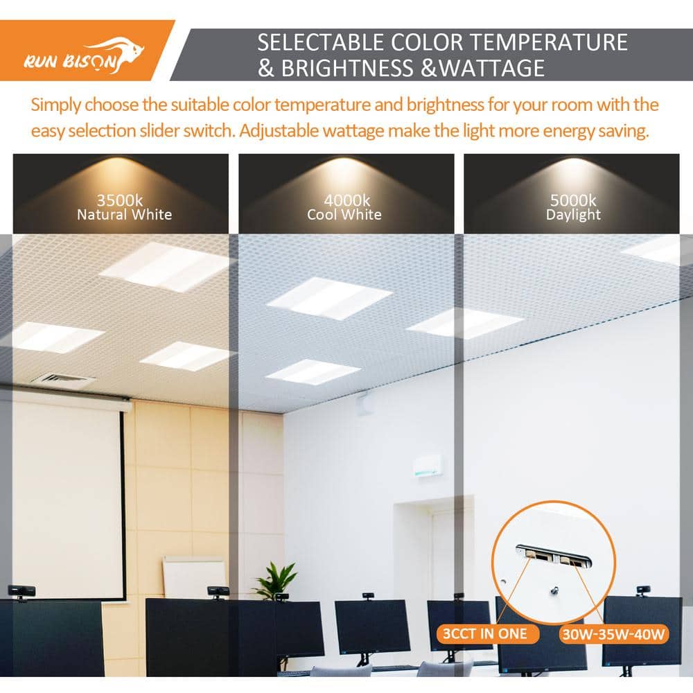 RUN BISON 2 ft. x 2 ft. 100W Equivalent White Dimmable 3500K-4000K-5000K Integrated LED Troffer Light Fixture, upto 5000-Lumen,UL