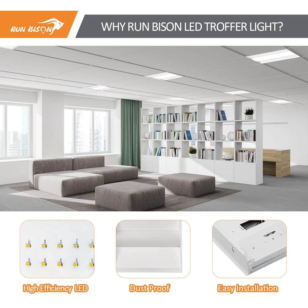RUN BISON 2 ft. x 2 ft. 100W Equivalent White Dimmable 3500K-4000K-5000K Integrated LED Troffer Light, up to 5000 Lumens (4-Pack)