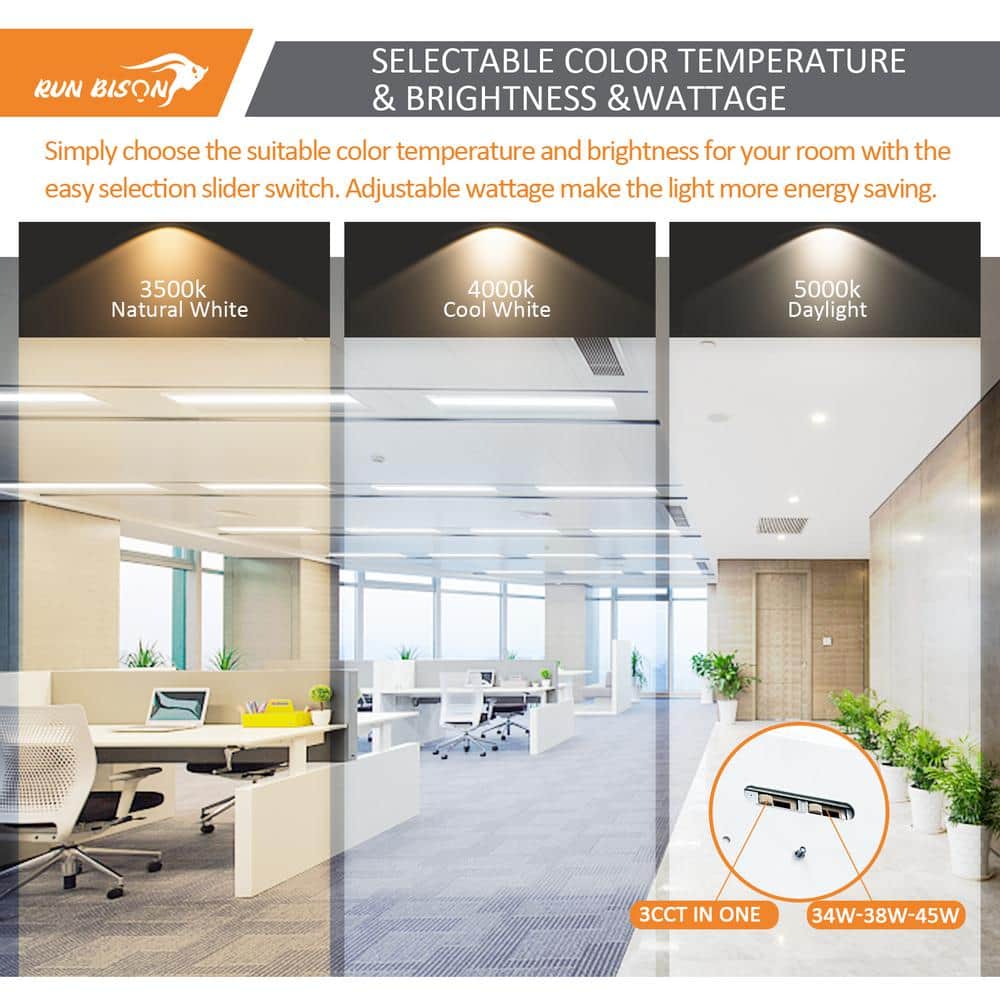 RUN BISON 2 ft. x 4 ft. 120W Equivalent White Dimmable 3500K-4000K-5000K Integrated LED Troffer Light, up to 5625-Lumens, UL