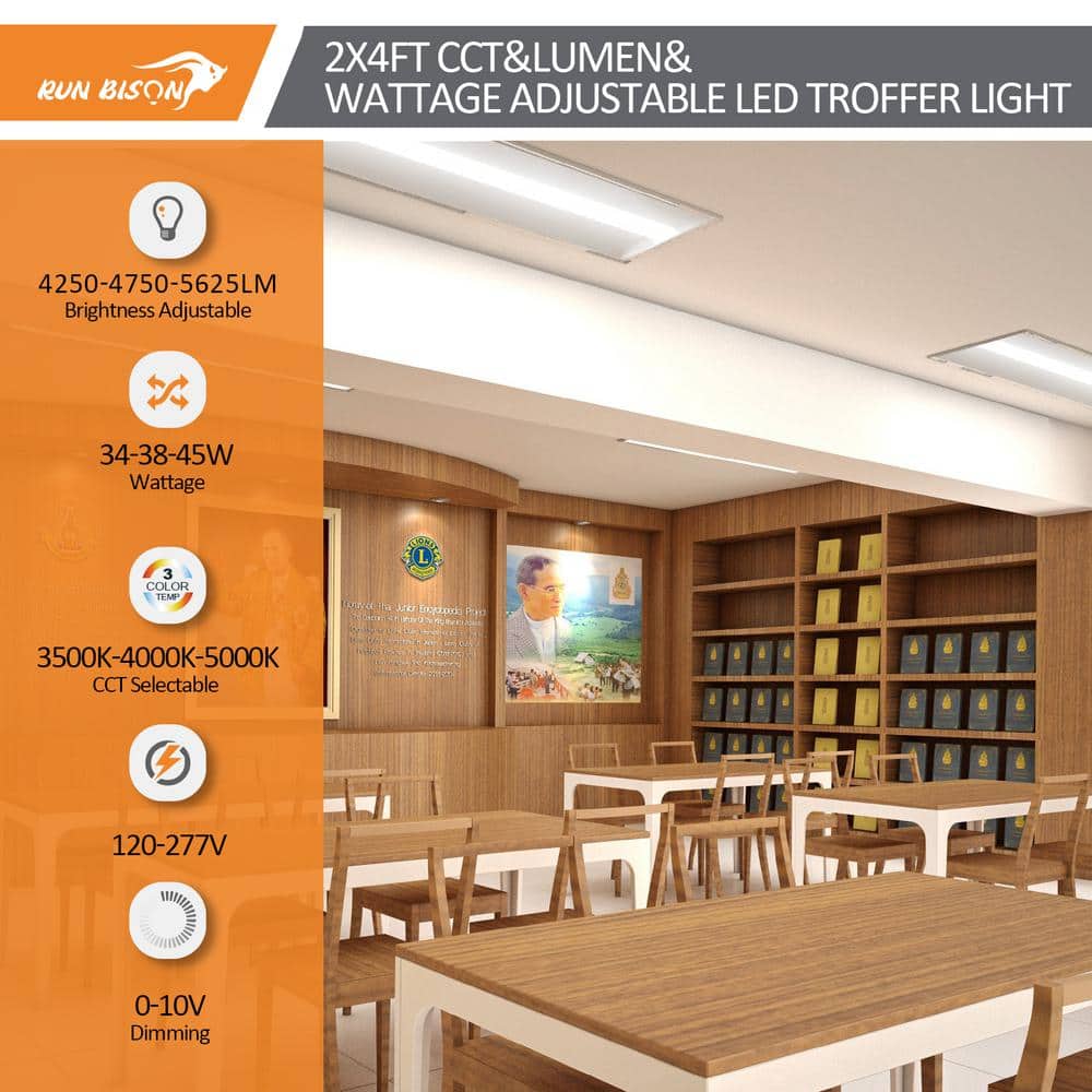 RUN BISON 2 ft. x 4 ft. 120W Equivalent White Dimmable 3500K-4000K-5000K Integrated LED Troffer Light, up to 5625-Lumens, UL