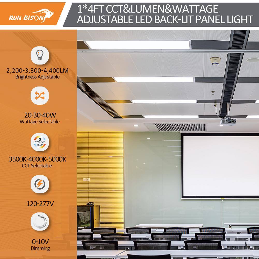 RUN BISON 1 ft. x 4 ft. White 2750/3300/4400 Lumens Integrated LED Panel Light Troffer Light, 3500/4000/5000K (4-Pack)