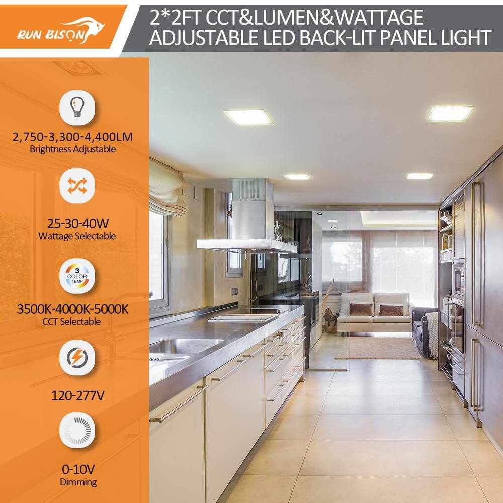 RUN BISON 2-PACK 2 ft. x 2 ft. Dimmable White CCT And Wattage Selectable Integrated LED Back-Lit Panel Light, 2750-3300-4400Lumens