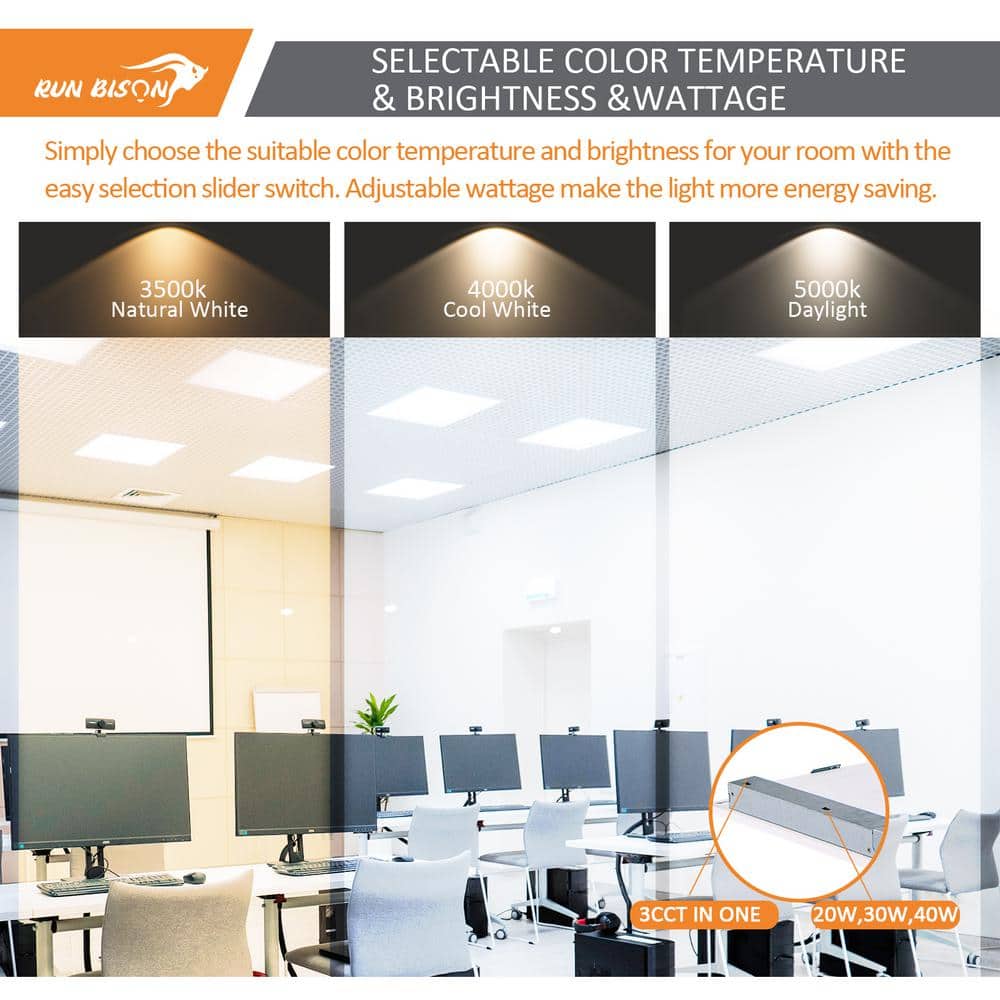 RUN BISON 2 ft. x 2 ft. White 2200/3300/4400 Lumens Integrated LED Panel-Light Troffer-Light, 3500/4000/5000K (4-Pack)