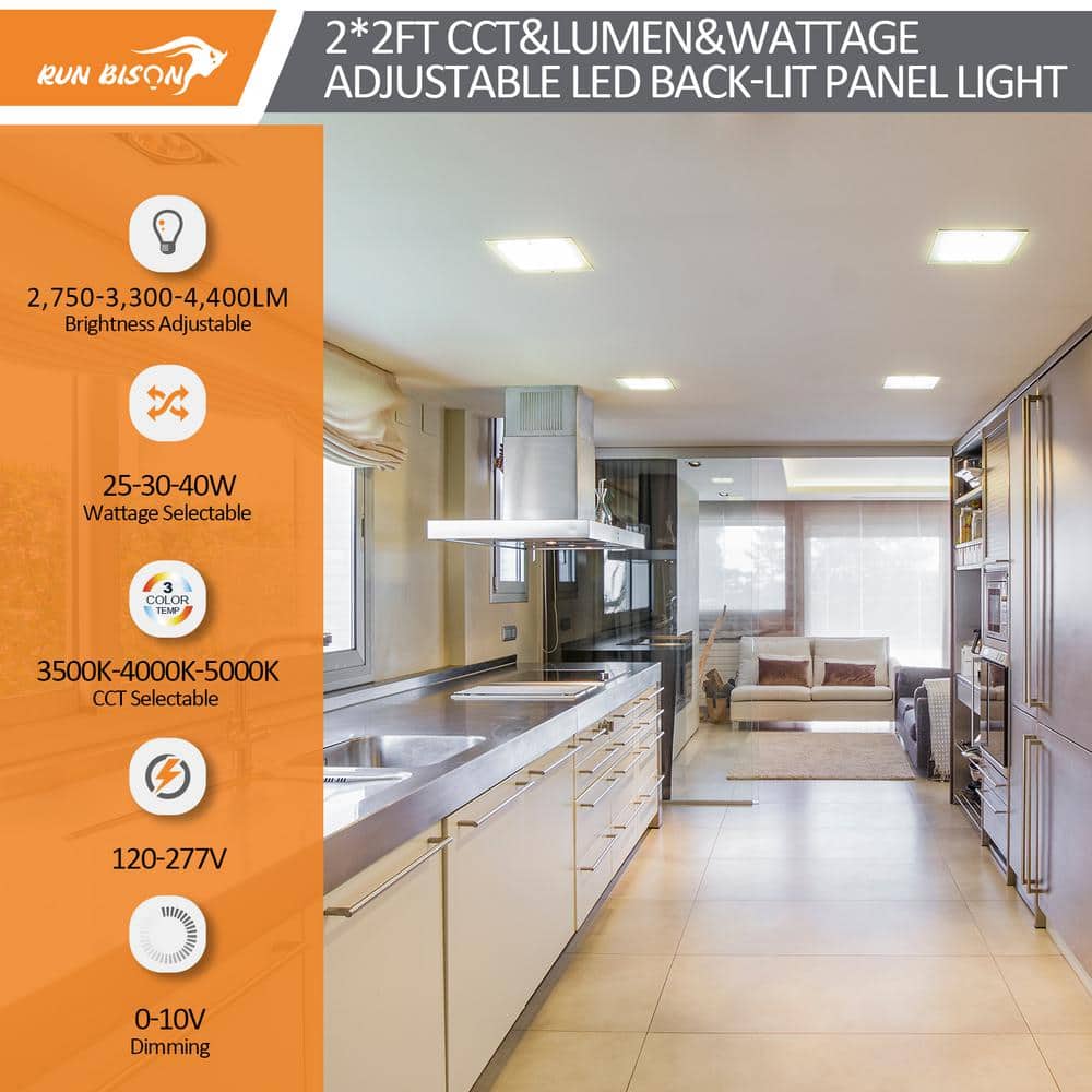 RUN BISON 2 ft. x 2ft. Dimmable White CCT and Wattage Selectable Integrated LED Back-Lit Flat Panel Light