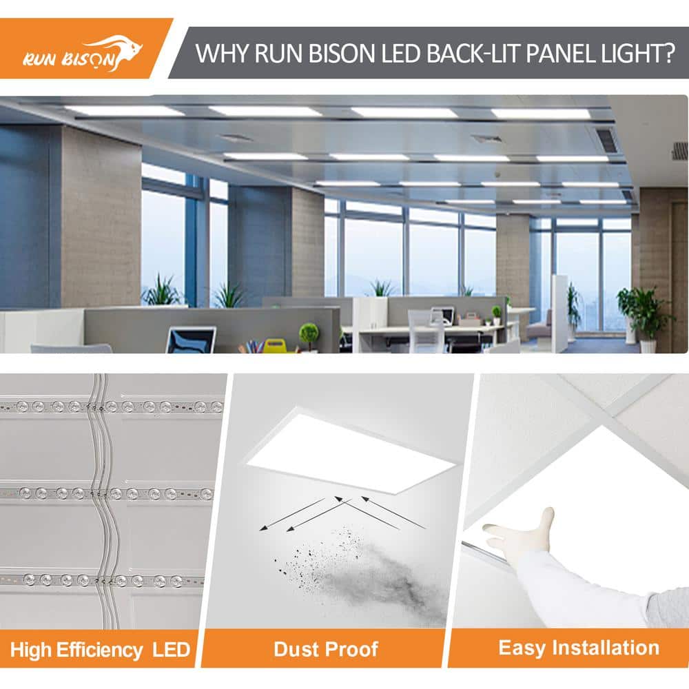 RUN BISON 2 ft. x 4 ft. White Integrated LED Flat Panel Troffer Light Fixture at 5500 Lumens, 3500/4000/5000K Selectable (4-Pack)