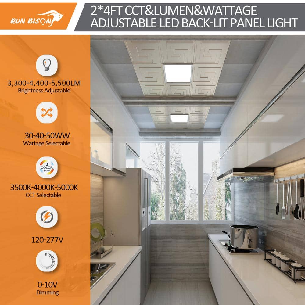 RUN BISON 2 ft. x 4 ft. White Integrated LED Flat Panel Troffer Light Fixture at 5500 Lumens, 3500/4000/5000K Selectable (4-Pack)