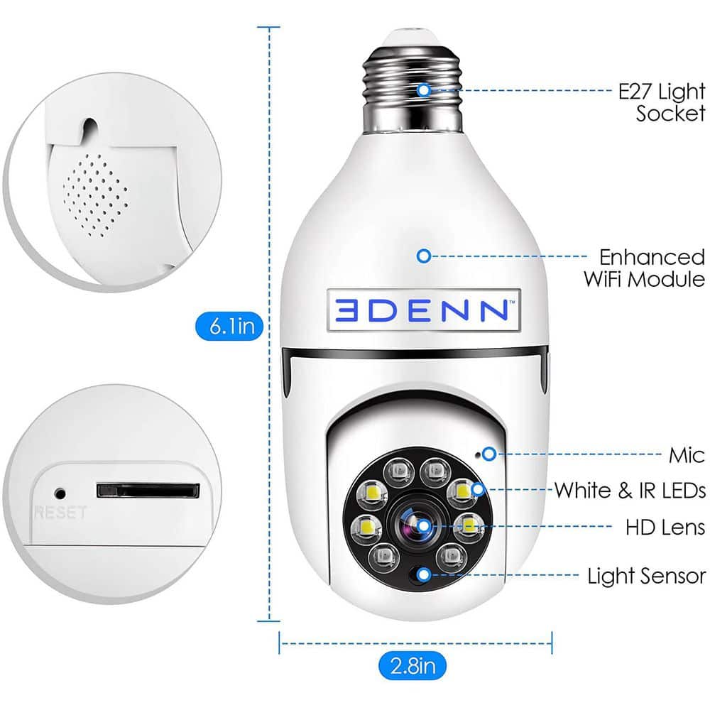 Edenn Wireless Light Bulb Indoor/Outdoor Dome WIFI Security Camera (3-Pack)