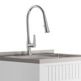 Simpli Home Beckham Transitional 28 in. wall mount Laundry sink with Cabinet Faucet and Stainless Steel Sink in White