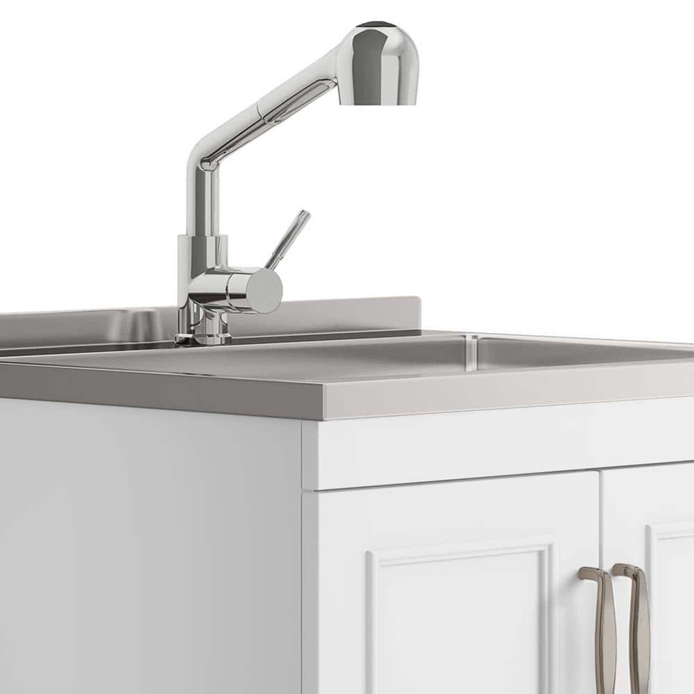 Simpli Home Cardinal Transitional 28 in. Wall Mount Laundry Sink with Cabinet Laundry Cabinet Faucet and Stainless Steel Sink White