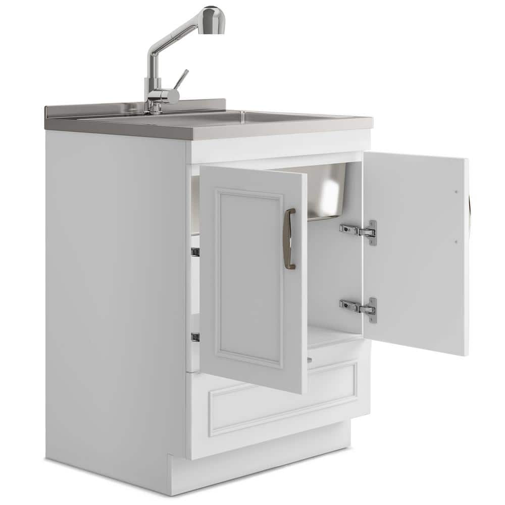 Simpli Home Cardinal Transitional 28 in. Wall Mount Laundry Sink with Cabinet Laundry Cabinet Faucet and Stainless Steel Sink White