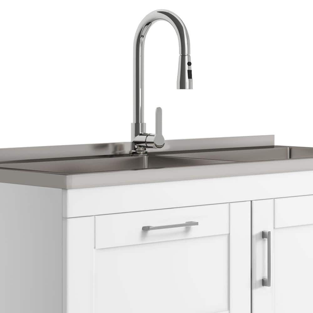 Simpli Home Modern Wide Shaker Transitional 46 in. wall mount Laundry sink with Cabinet Faucet and Stainless Steel Sink in White