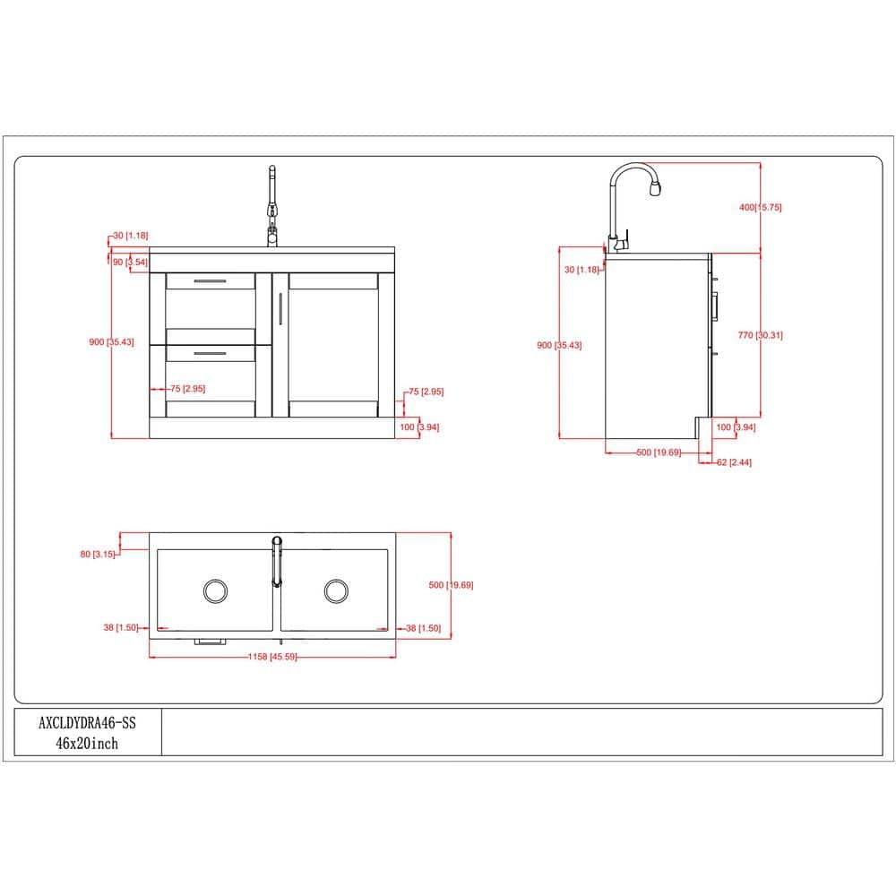 Simpli Home Modern Wide Shaker Transitional 46 in. wall mount Laundry sink with Cabinet Faucet and Stainless Steel Sink in White