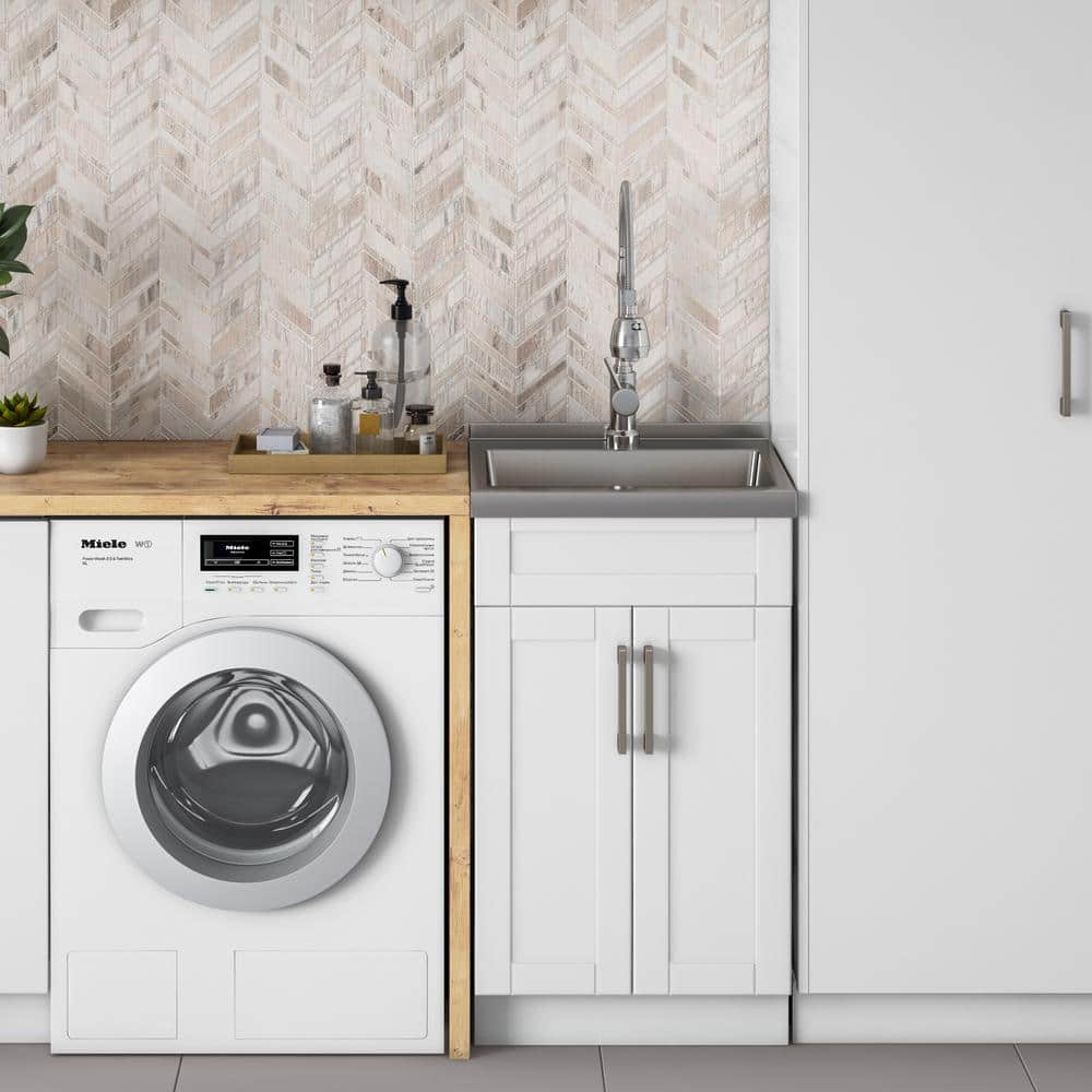 Simpli Home Hennessy Transitional 20 in. Deluxe Laundry Cabinet with Faucet and Stainless Steel Sink in White
