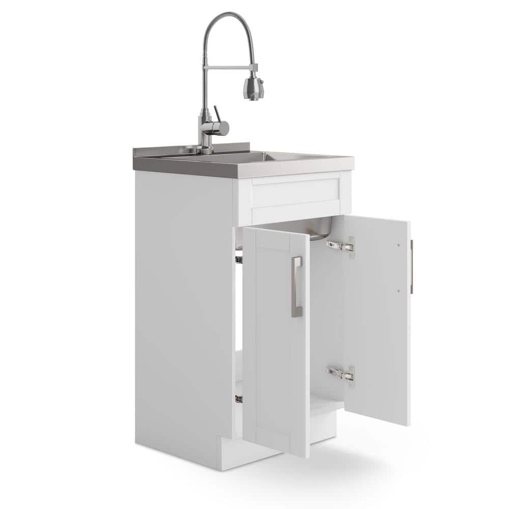 Simpli Home Hennessy Transitional 20 in. Deluxe Laundry Cabinet with Faucet and Stainless Steel Sink in White