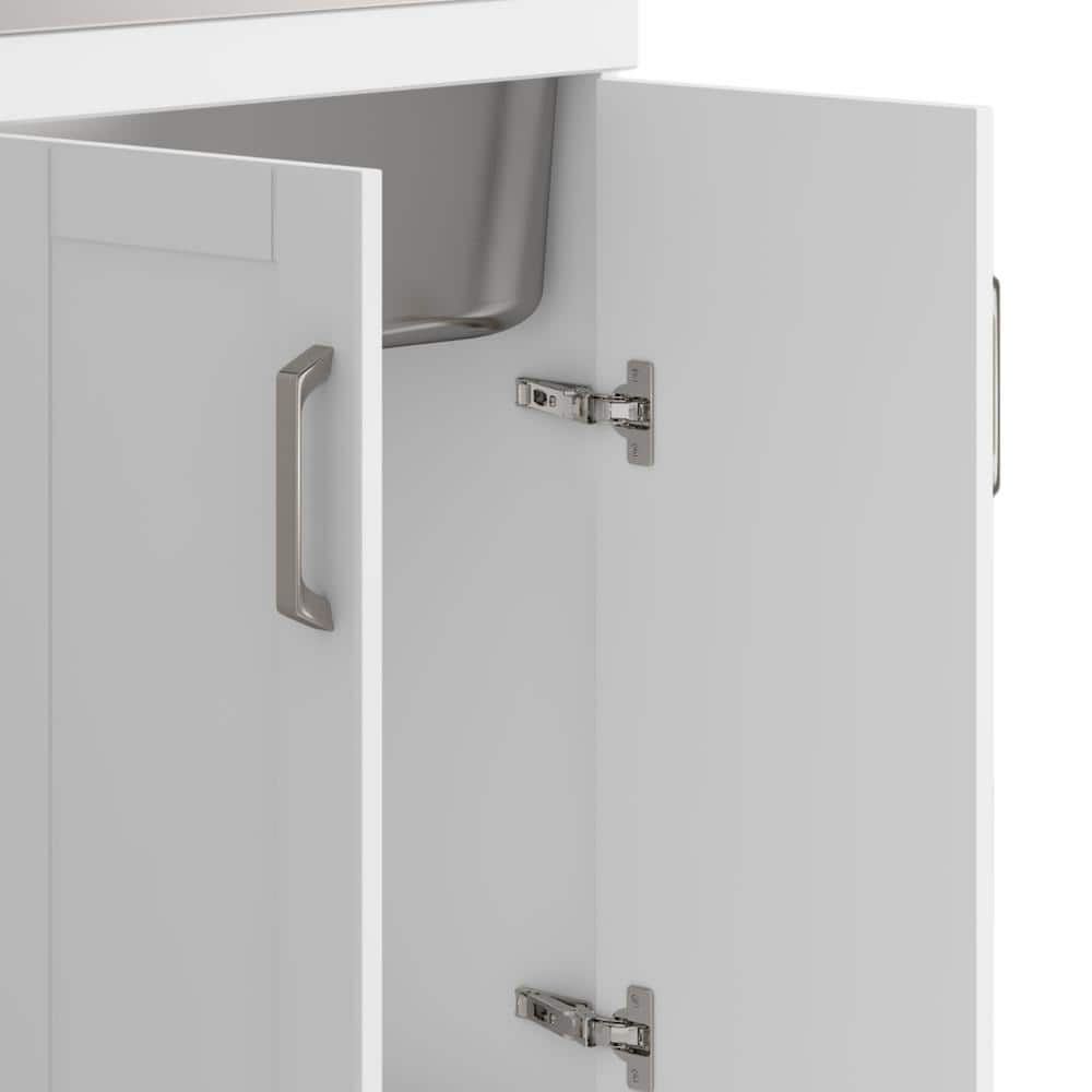 Simpli Home Kyle Transitional 24 in. Wall Mount Laundry Sink with Cabinet Faucet and Stainless Steel Sink in White