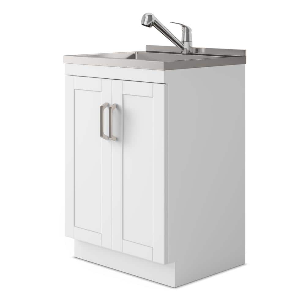 Simpli Home Kyle Transitional 24 in. Wall Mount Laundry Sink with Cabinet Faucet and Stainless Steel Sink in White