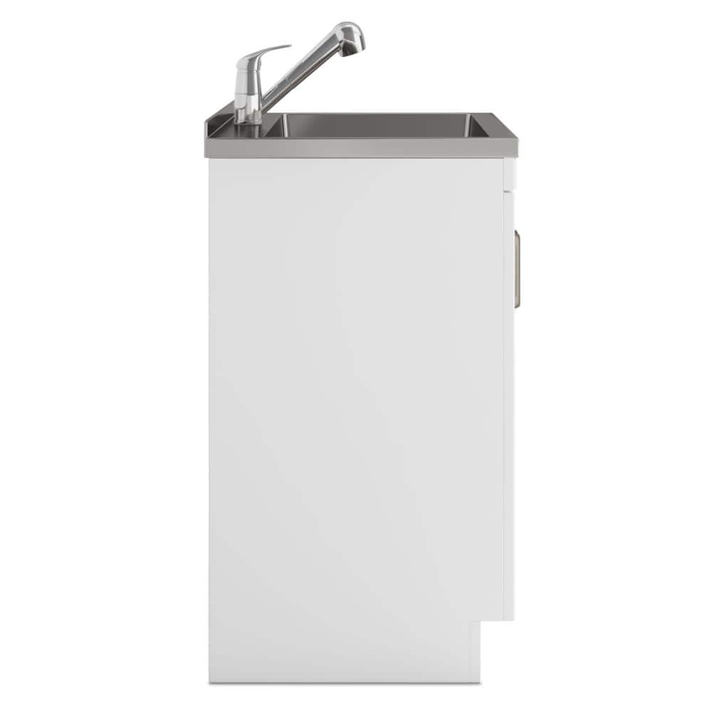 Simpli Home Kyle Transitional 28 in. Wall Mount Laundry Sink with Cabinet Faucet and Stainless Steel Sink in White