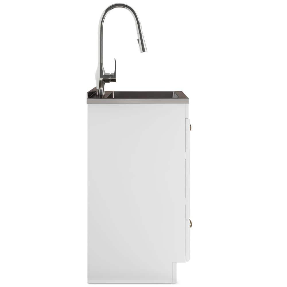 Simpli Home Lawrence Transitional 28 in. Wall Mount Laundry Sink with Cabinet Faucet and Stainless Steel Sink in Laundry White