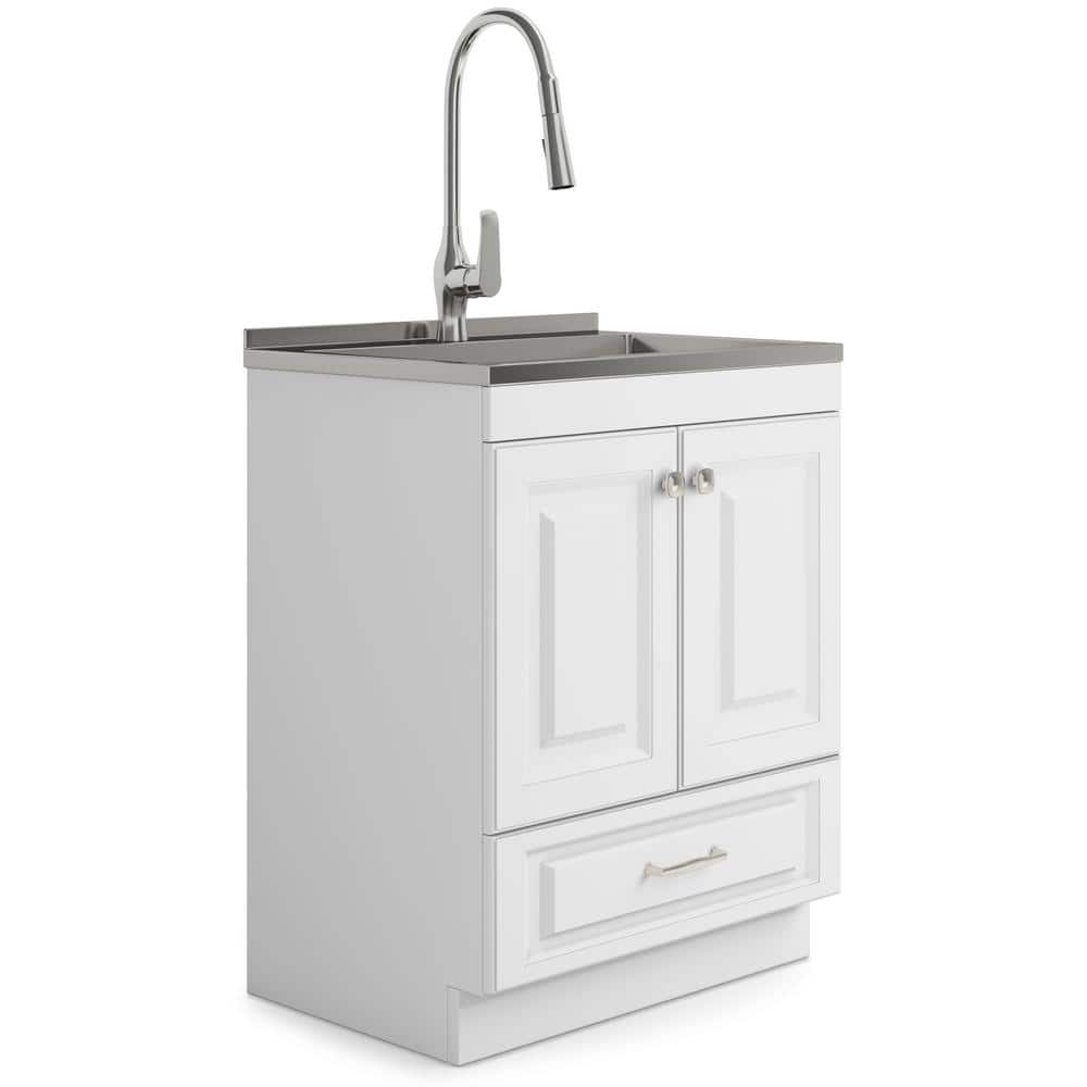 Simpli Home Lawrence Transitional 28 in. Wall Mount Laundry Sink with Cabinet Faucet and Stainless Steel Sink in Laundry White