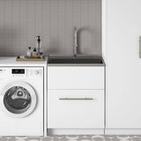 Simpli Home Metro Modern 28 in. Wall Mount Laundry Sink with Cabinet Faucet and Stainless Steel Sink in White