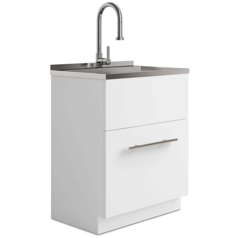 Simpli Home Metro Modern 28 in. Wall Mount Laundry Sink with Cabinet Faucet and Stainless Steel Sink in White