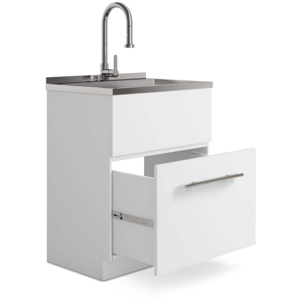 Simpli Home Metro Modern 28 in. Wall Mount Laundry Sink with Cabinet Faucet and Stainless Steel Sink in White