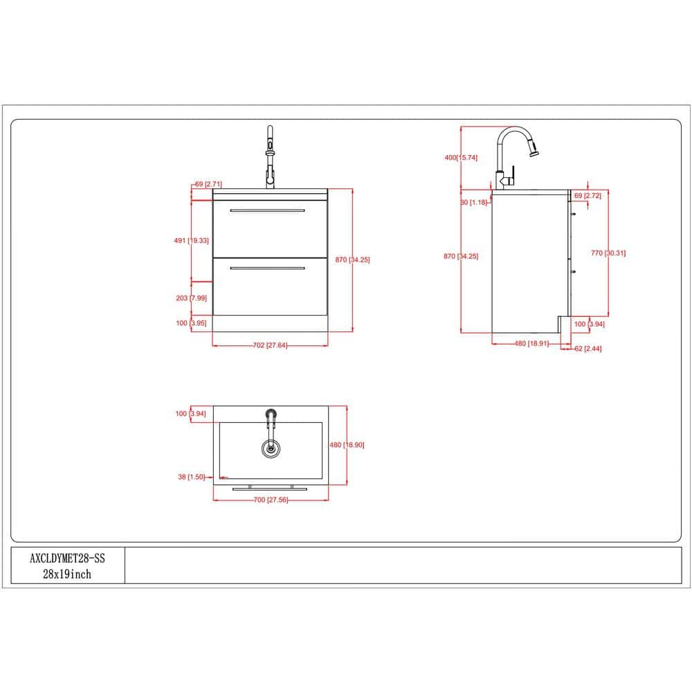 Simpli Home Metro Modern 28 in. Wall Mount Laundry Sink with Cabinet Faucet and Stainless Steel Sink in White