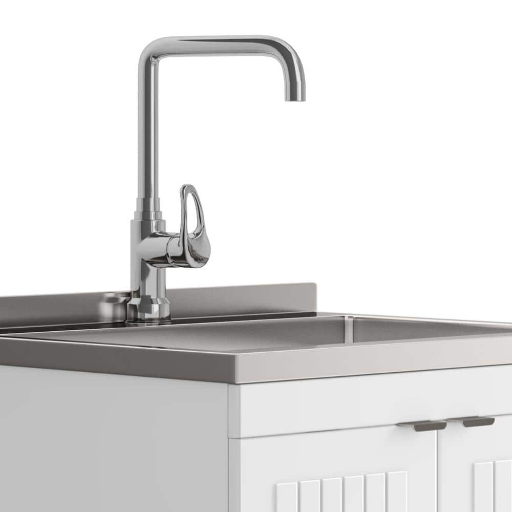 Simpli Home Murphy Transitional 24 in. wall mount Laundry sink with Cabinet Faucet and Stainless Steel Sink in White