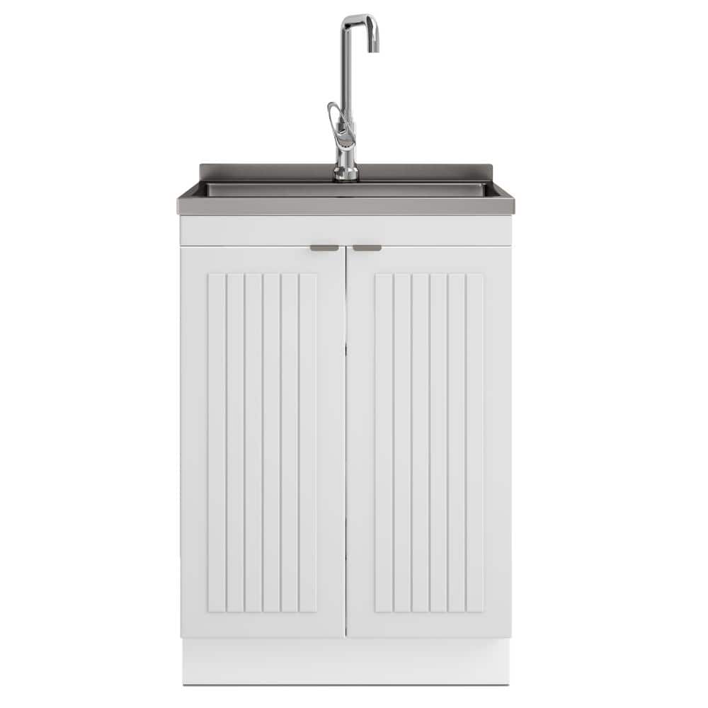 Simpli Home Murphy Transitional 24 in. wall mount Laundry sink with Cabinet Faucet and Stainless Steel Sink in White