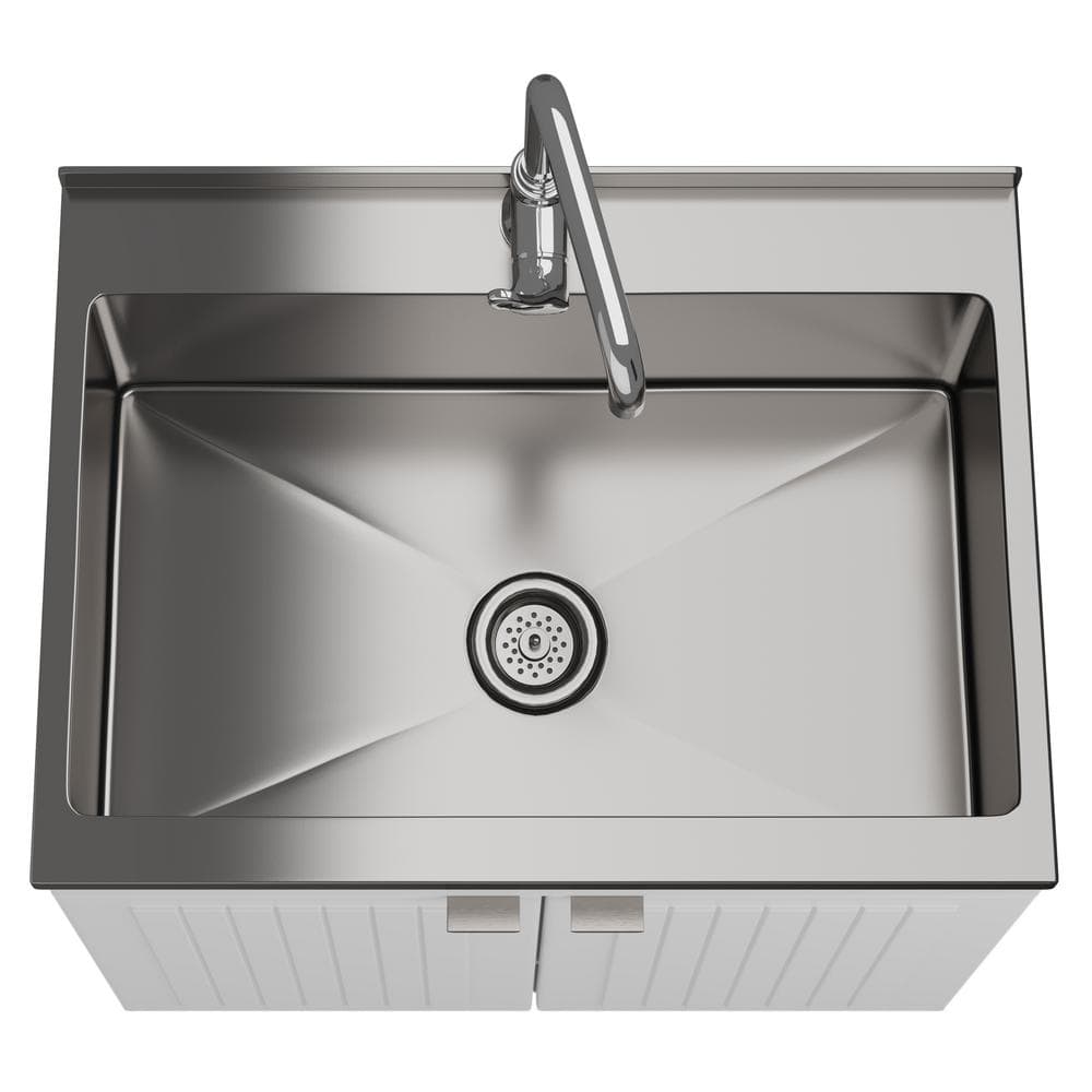 Simpli Home Murphy Transitional 28 in. wall mount Laundry sink with Cabinet Faucet and Stainless Steel Sink in White