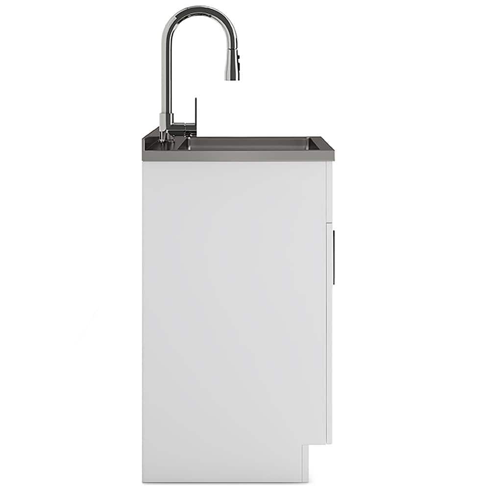 Simpli Home Modern Wide Shaker Transitional 28 in. Wall Mount Laundry Sink with Cabinet Faucet and Stainless Steel Sink in White