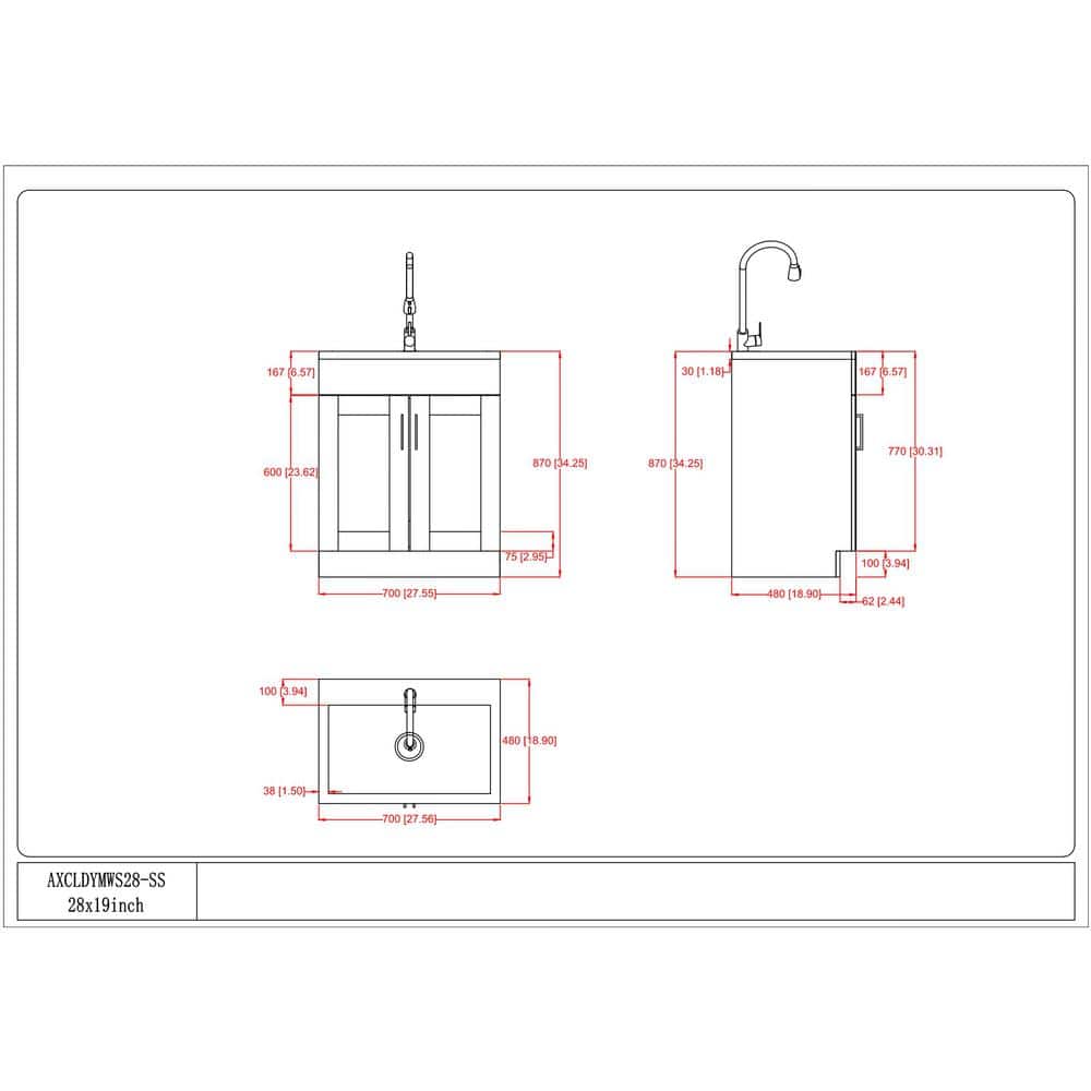 Simpli Home Modern Wide Shaker Transitional 28 in. Wall Mount Laundry Sink with Cabinet Faucet and Stainless Steel Sink in White