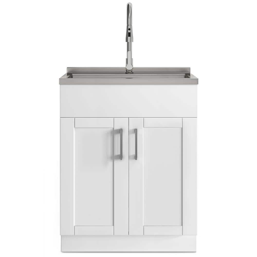 Simpli Home Modern Wide Shaker Transitional 28 in. Wall Mount Laundry Sink with Cabinet Faucet and Stainless Steel Sink in White
