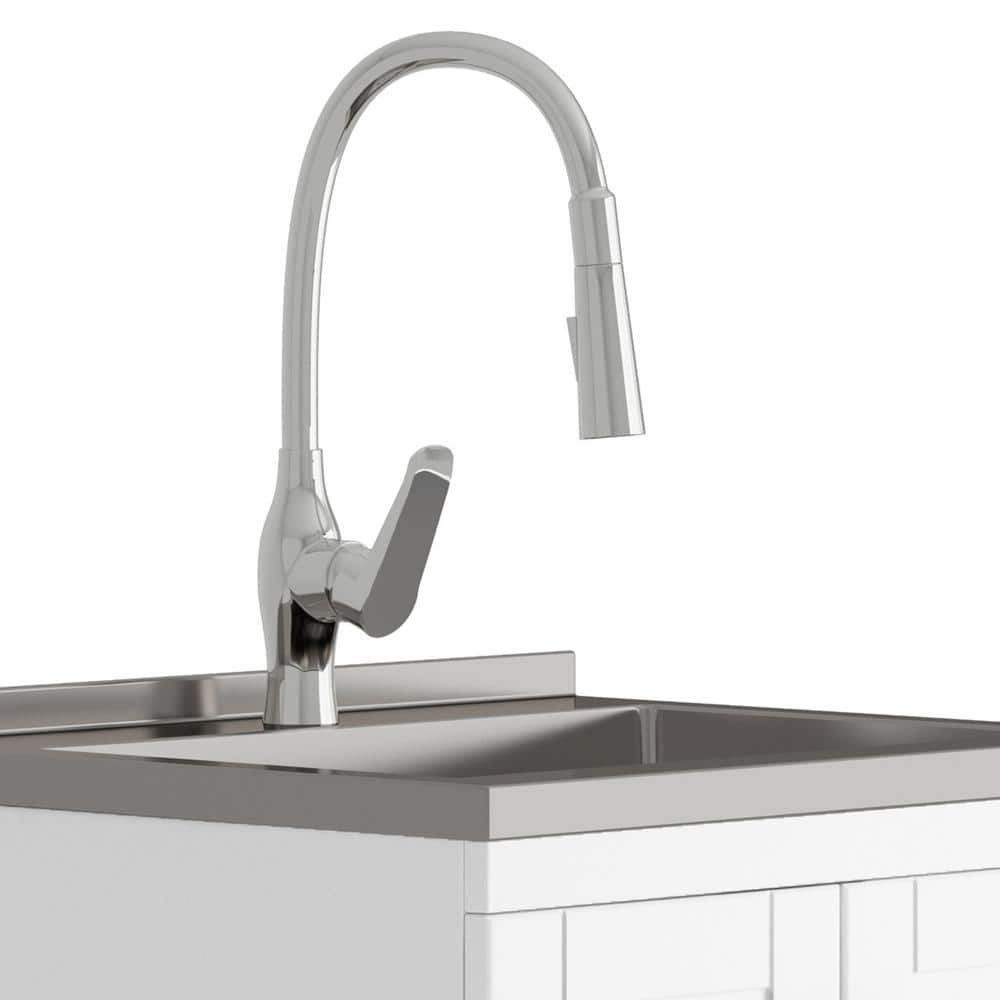 Simpli Home Reed Transitional 24 in. Deluxe wall mount Laundry sink with Cabinet Pull-out Faucet and Stainless Steel Sink in White