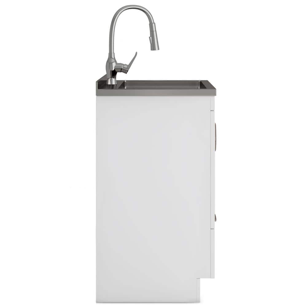 Simpli Home Reed Transitional 24 in. Deluxe wall mount Laundry sink with Cabinet Pull-out Faucet and Stainless Steel Sink in White