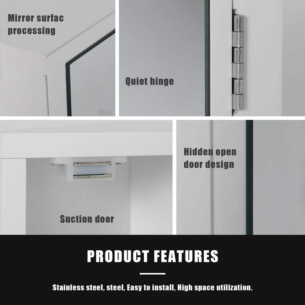 eclife 12.8 in. W x 24.2 in. H Rectangular Single Door Corner Surface Mount Frameless Medicine Cabinet with Mirror in White