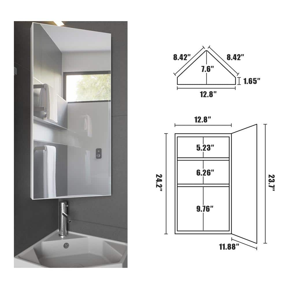 eclife 12.8 in. W x 24.2 in. H Rectangular Single Door Corner Surface Mount Frameless Medicine Cabinet with Mirror in White