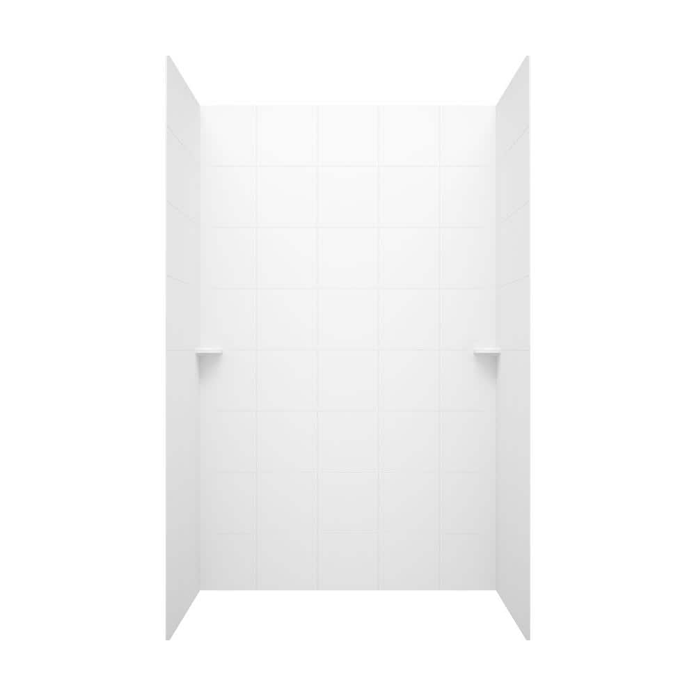 Swan 36 in. x 62 in. x 96 in. 3-Piece Solid Surface Square Tile Easy-Up Adhesive Alcove Shower Surround in White