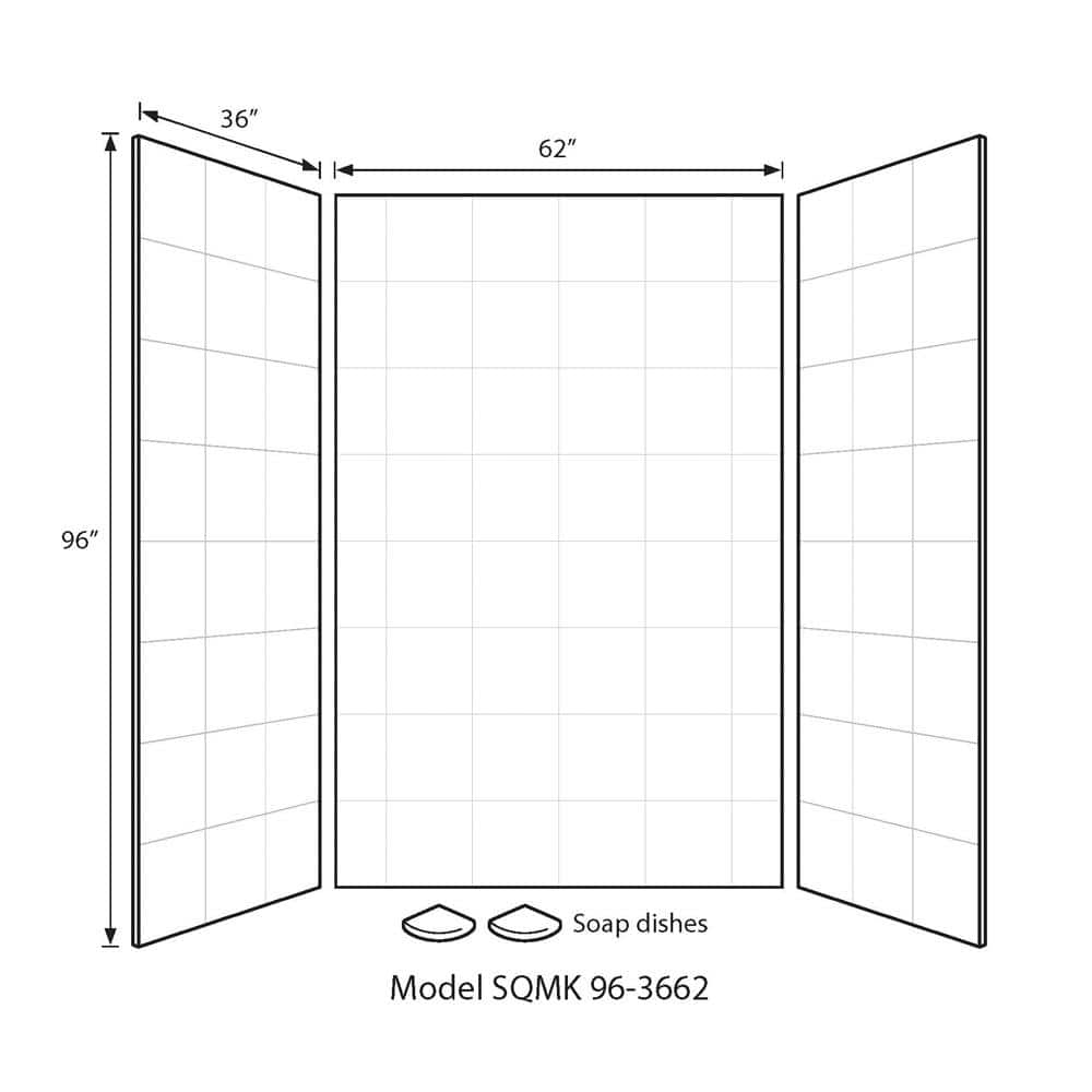 Swan 36 in. x 62 in. x 96 in. 3-Piece Solid Surface Square Tile Easy-Up Adhesive Alcove Shower Surround in White