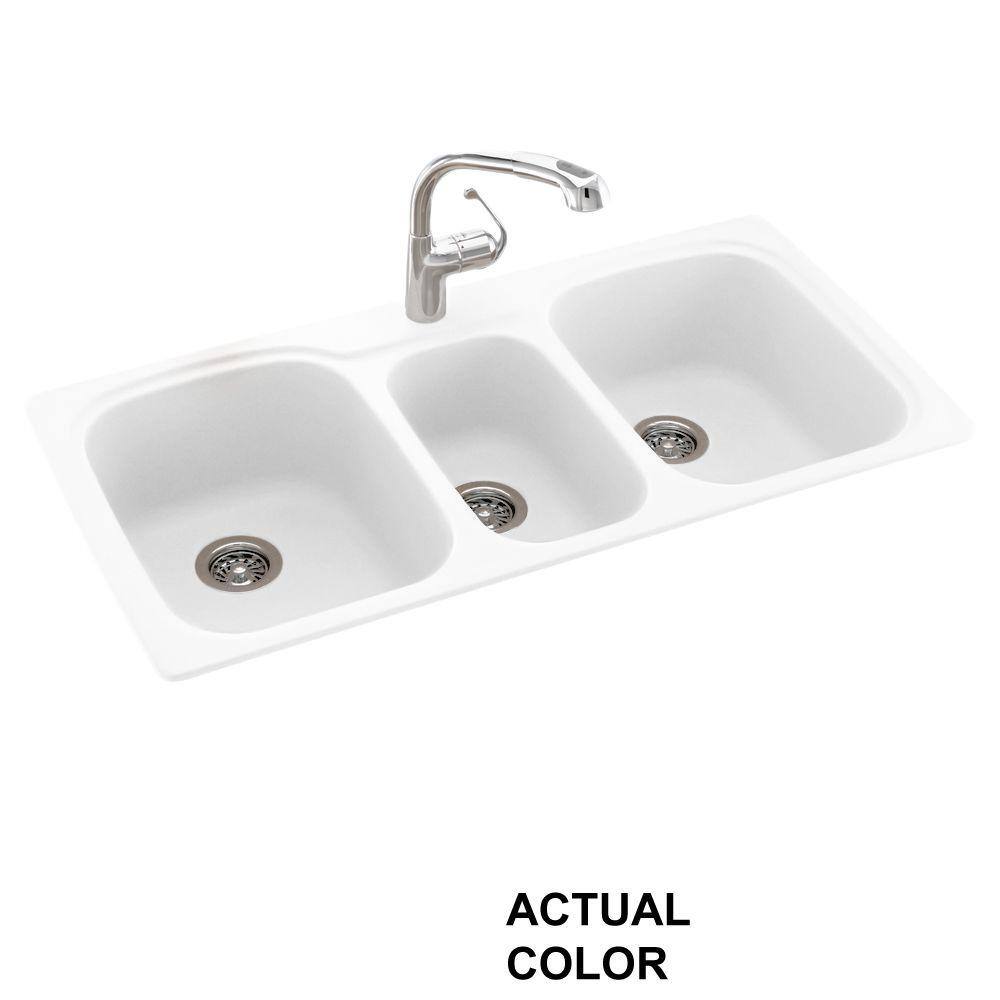 Swan Drop-In/Undermount Solid Surface 44 in. 1-Hole 40/20/40 Triple Bowl Kitchen Sink in White