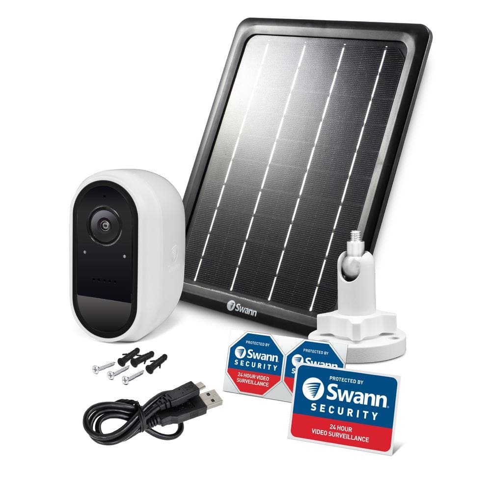 Swann Battery Powered Wireless Indoor/Outdoor Smart Surveillance Bullet Camera with Solar Panel and Mounting Stand