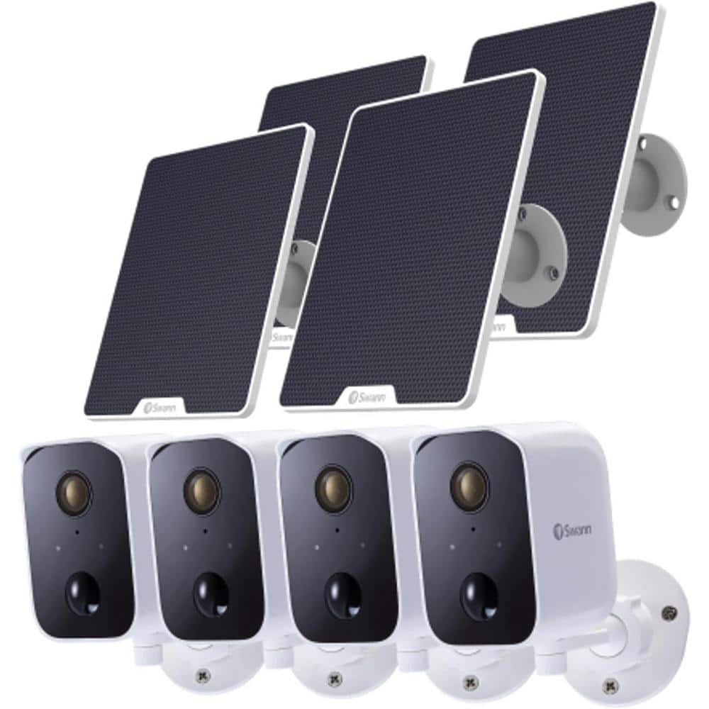 Swann CoreCam Battery Powered Wireless Indoor/Outdoor Smart Home Security Camera with Solar Panel and Mounting Stand (4-Pack)