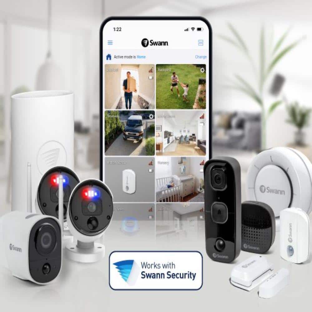 Swann CoreCam Battery Powered Wireless Indoor/Outdoor Smart Home Security Camera with Solar Panel and Mounting Stand (4-Pack)