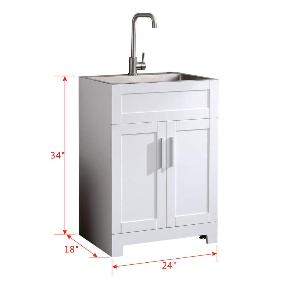 Tatayosi White Laundry Tub Cabinet with Stainless Steel Sink and Faucet