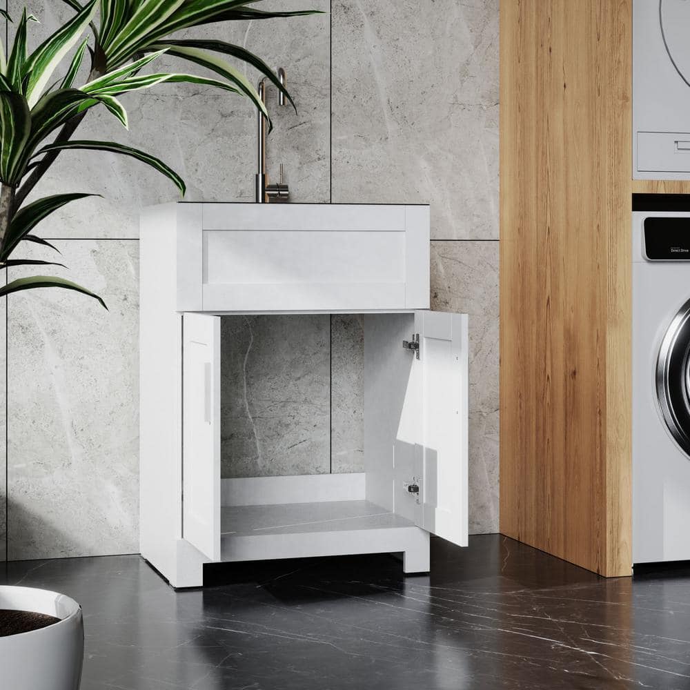 Tatayosi White Laundry Tub Cabinet with Stainless Steel Sink and Faucet