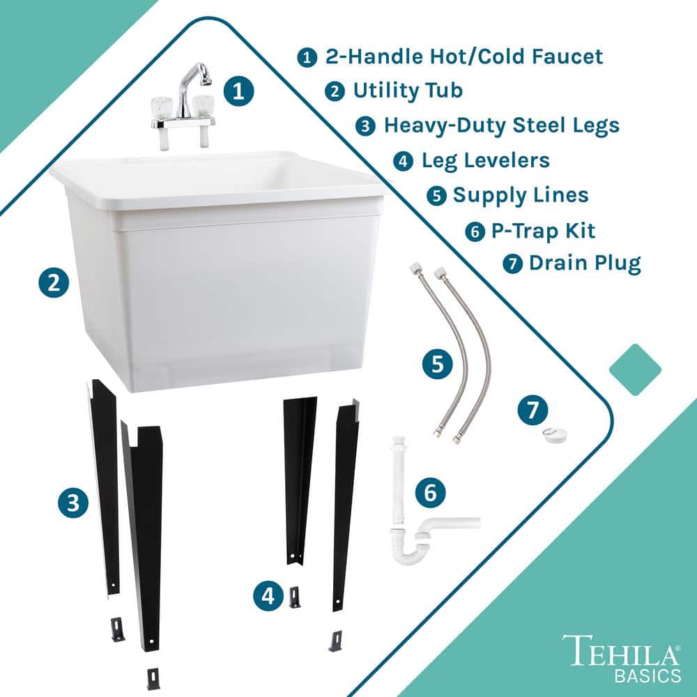 TEHILA 24.75 in. x 22.88 in. White Thermoplastic Freestanding Utility Sink with Chrome Faucet