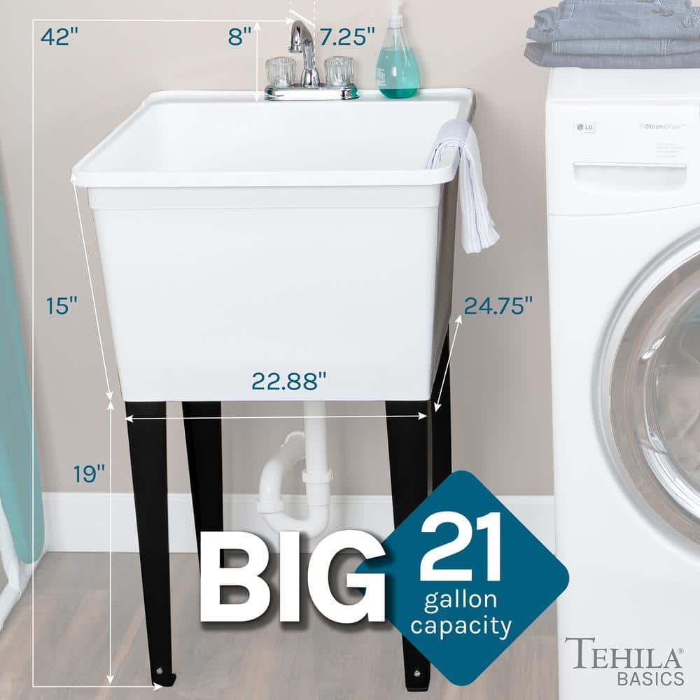 TEHILA 24.75 in. x 22.88 in. White Thermoplastic Freestanding Utility Sink with Chrome Faucet