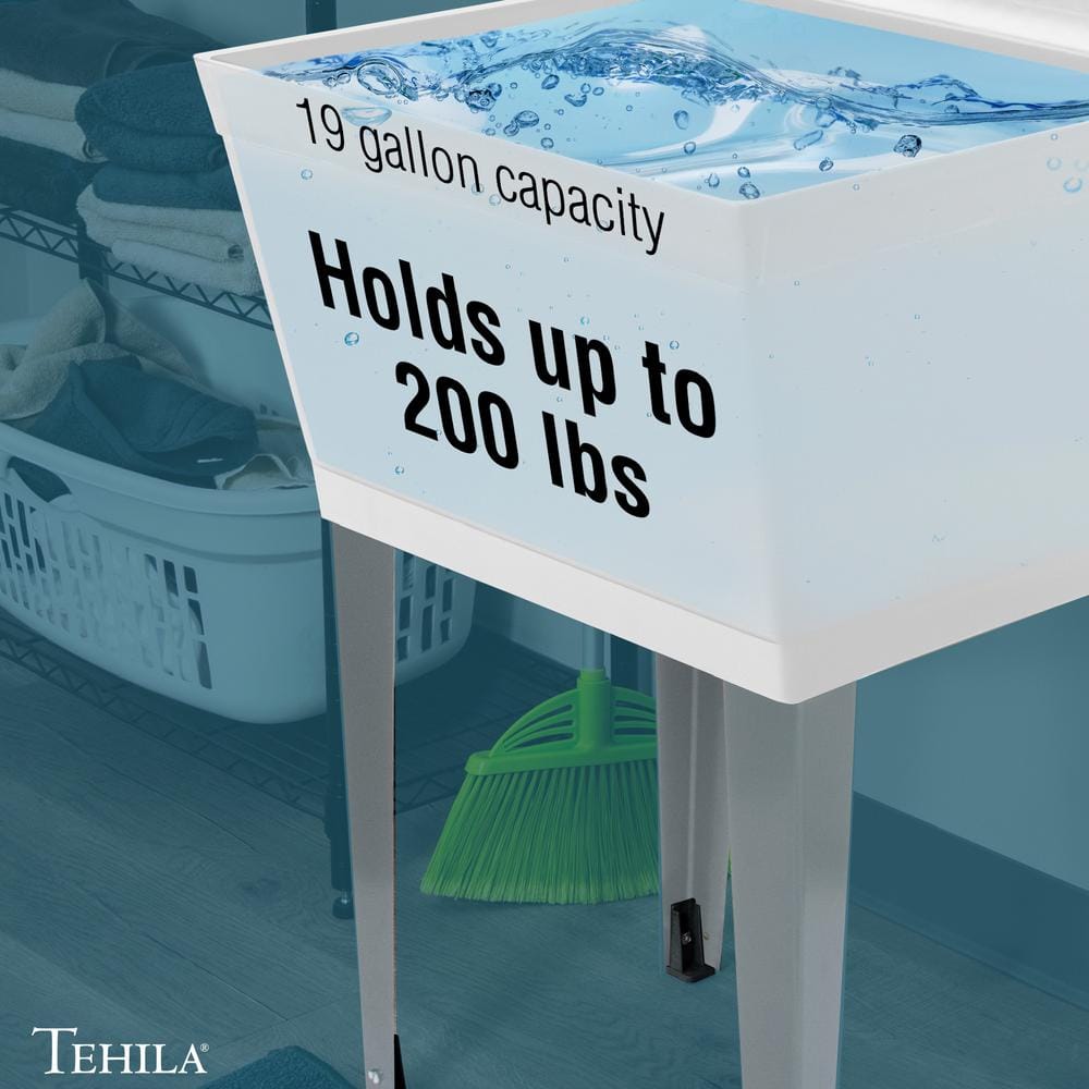 TEHILA Complete 22.875" x 23.5" White 19 Gallon Utility Sink Set with Chrome Finish Faucet